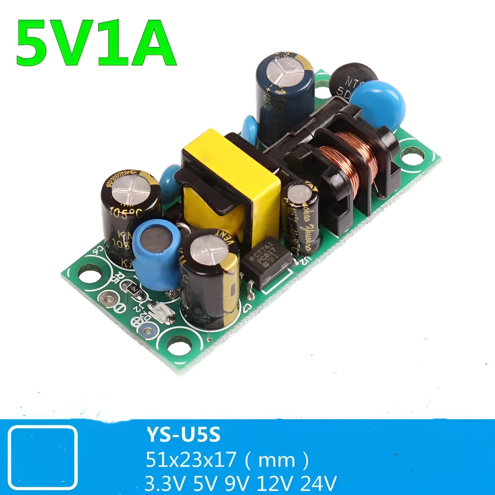 YS-U5S switching power board module with metal casing for AC to 5V DC conversion.