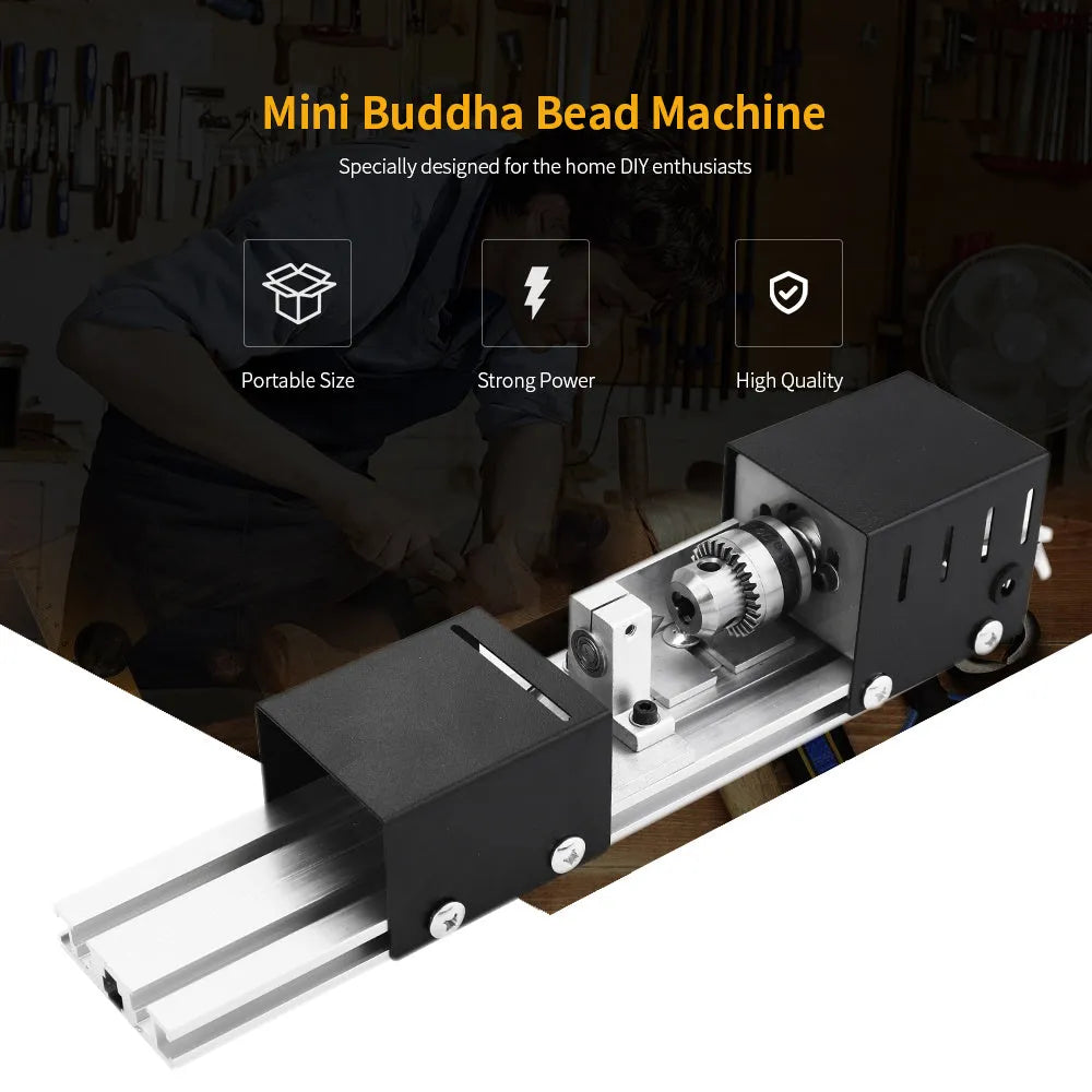 Mini silver metal woodworking lathe with carving knives on wooden surface