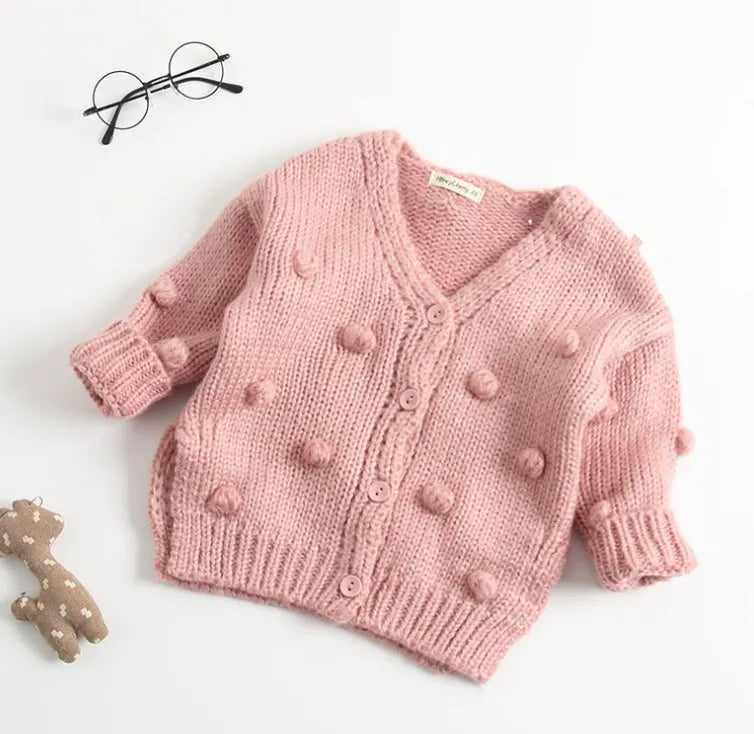 baby girl sweater in pink, brown, or yellow knit, sizes 73 to 100 cm
