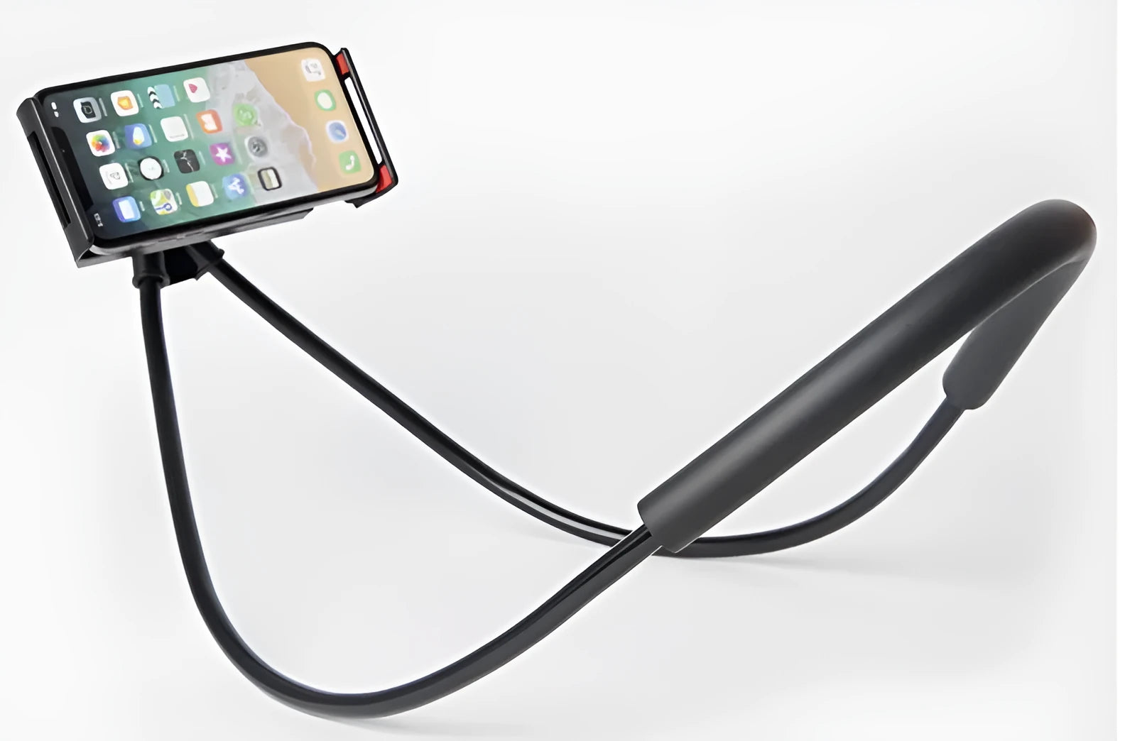 White mobile phone neck holder with 360-degree rotating clamp holding a smartphone.