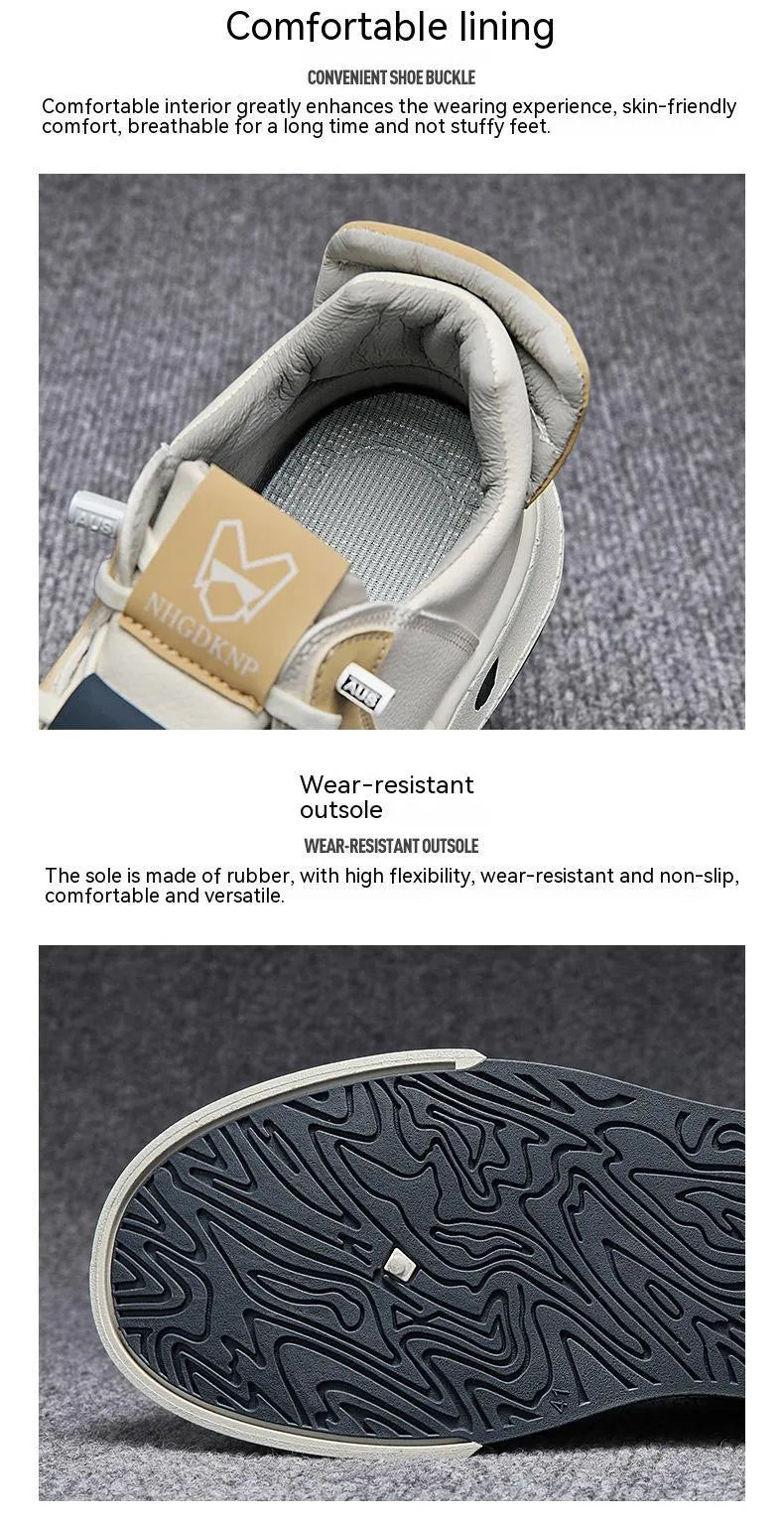 Men's beige low-top sneakers with elastic band closure and round toe on a white background.