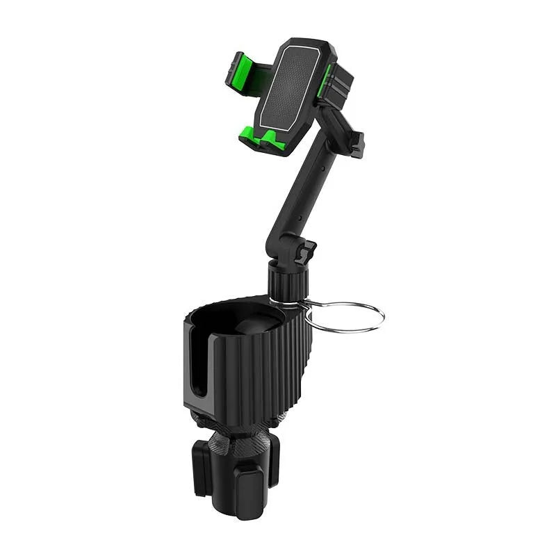 Green car dashboard drink rack and mobile phone holder on vehicle dashboard