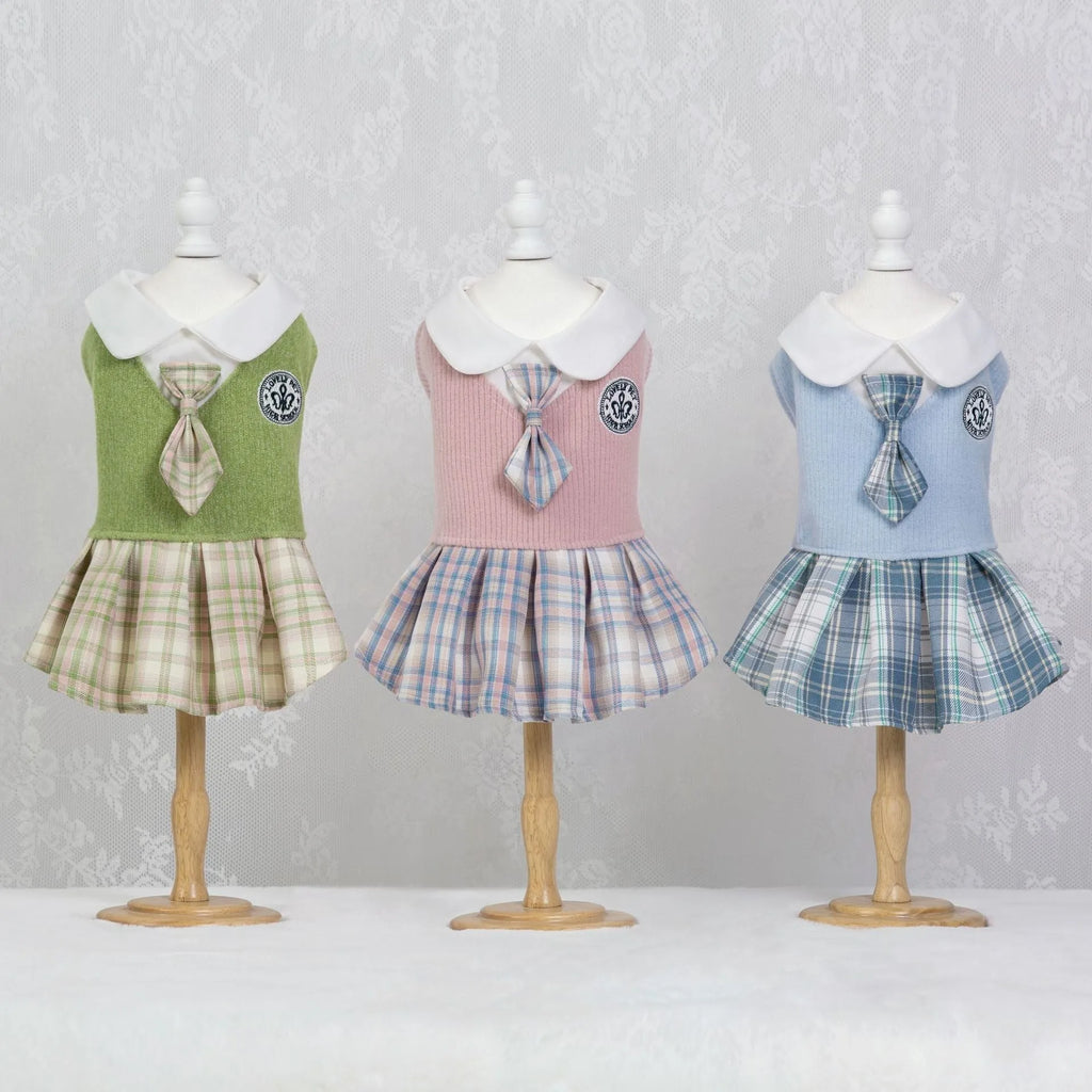 Tartan plaid skirt for a small dog or cat, shown in pink, blue, and green colour options.