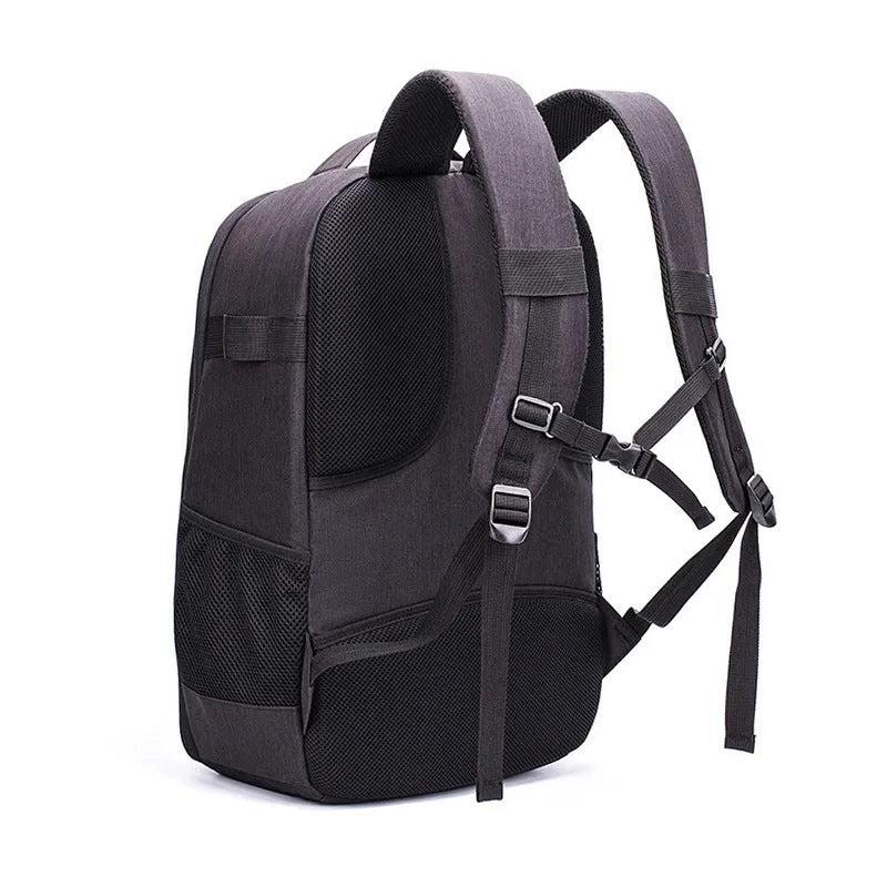 Black Oxford cloth drone backpack open to show internal camera, computer, and organiser pockets.