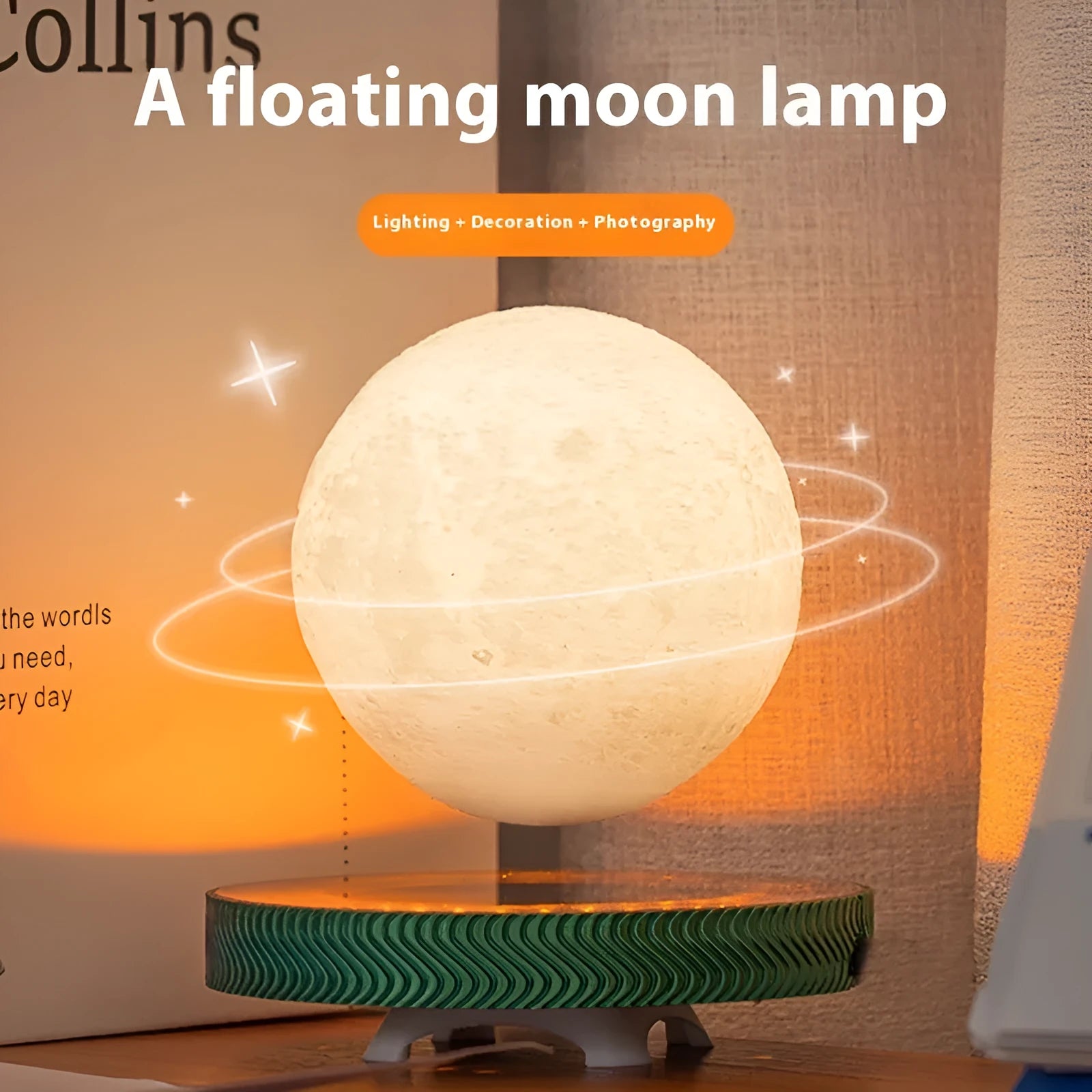 Magnetic suspension moon night lamp with floating 3D printed celestial ornament
