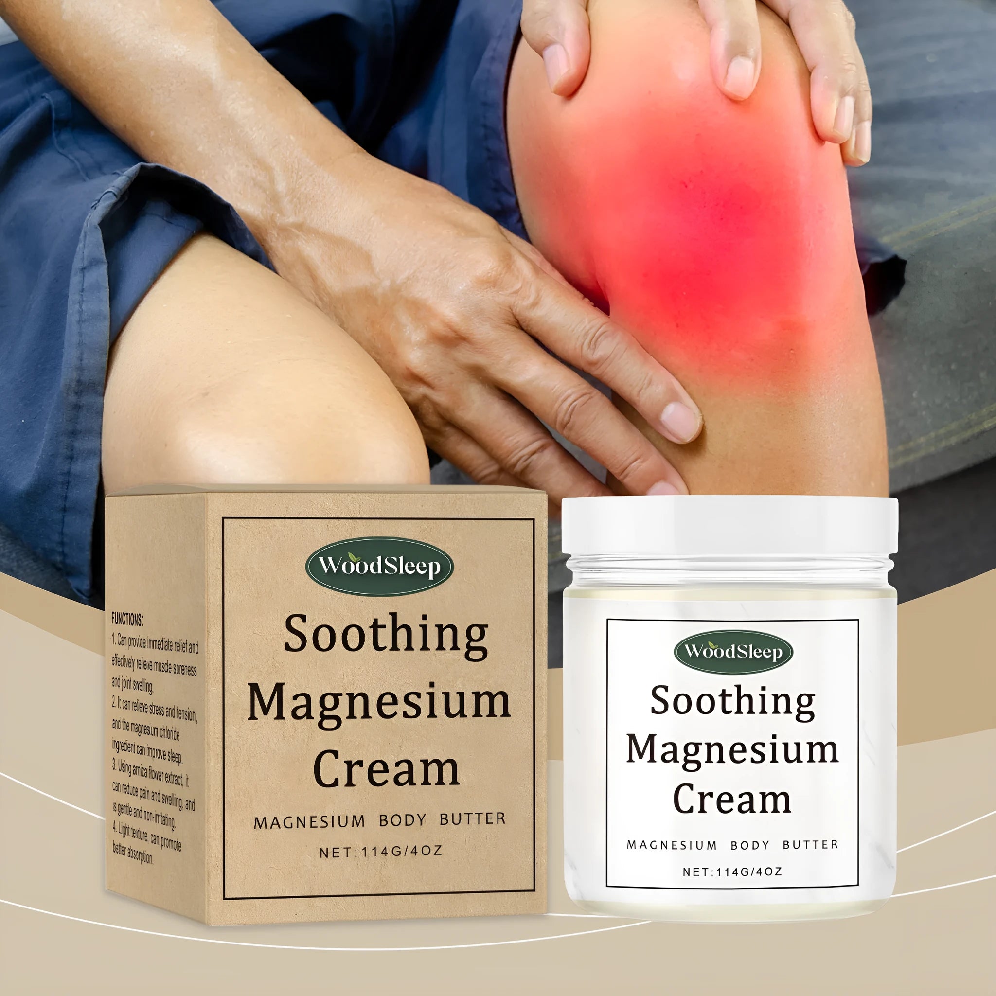 A white 114g jar of magnesium body care cream for use after exercise.
