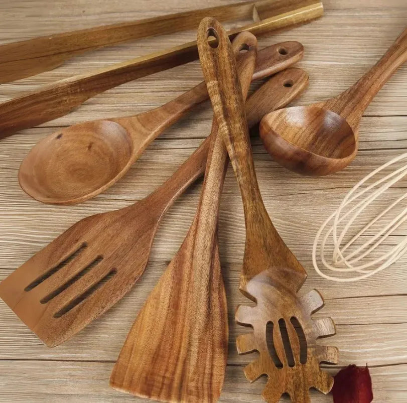 Seven wooden cooking utensils including spoons and shovels for non-stick pan protection
