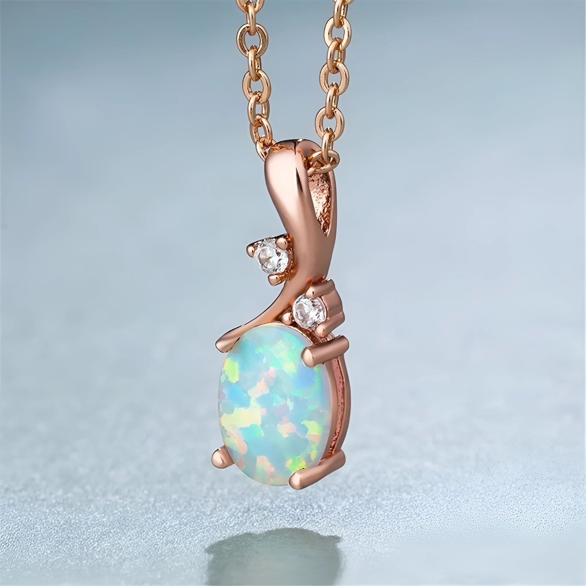 Water drop opal pendant necklace with adjustable chain in white or rose gold finish