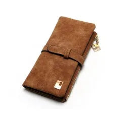 Long vertical women's wallet in matte PU leather with a central zip, shown open to reveal card slots and a phone pocket.