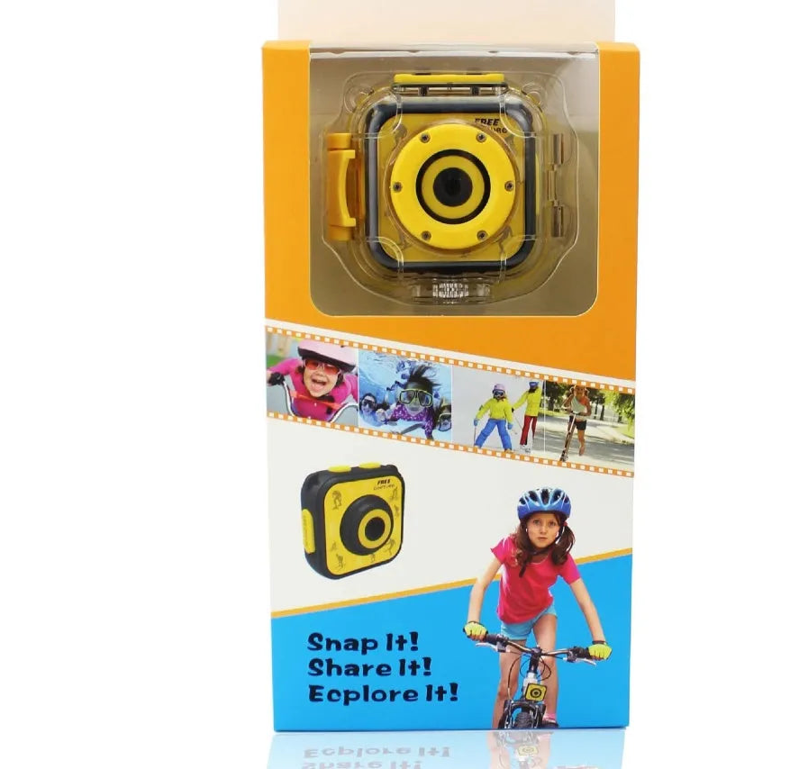 Yellow children's waterproof sports camera with LCD screen showing HD video recording capability