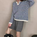 Women's loose striped cashmere sweater in red colour with long sleeves and plaid pattern