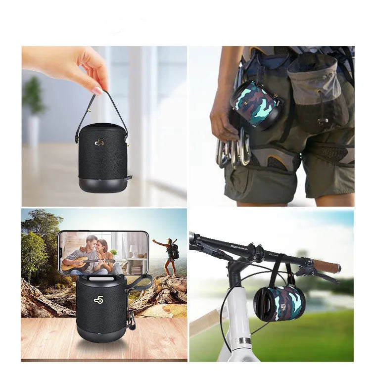 Compact rectangular portable Bluetooth speaker in multiple colours with a carrying strap.