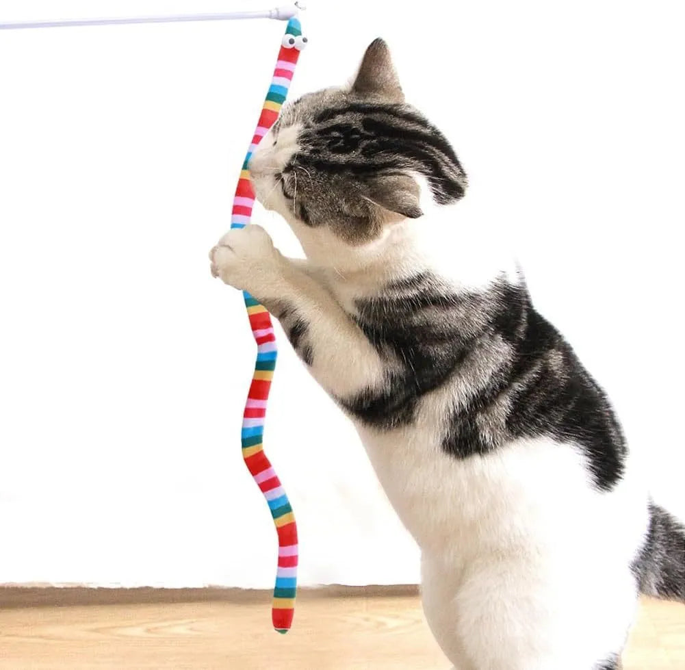 Cat wand toy with polycarbonate pole and long plush strip in green, orange, or rainbow