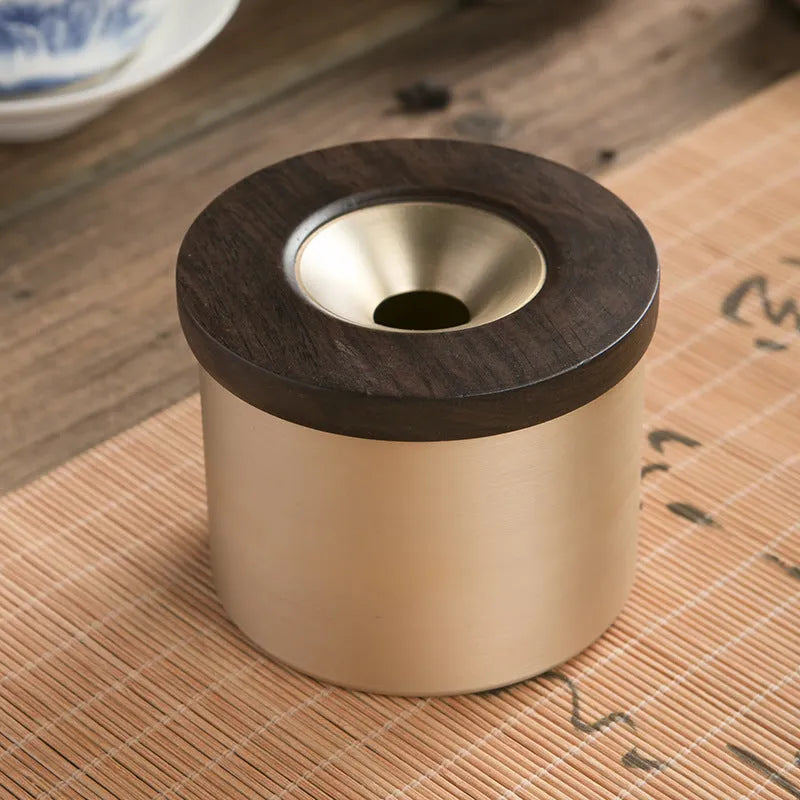 Brass retro ashtray with wooden lid featuring centre hole, made from solid copper for living room use