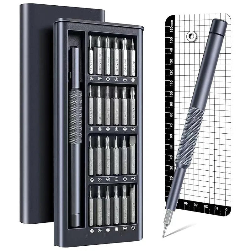 25-in-one magnetic screwdriver set with knurled handle and chrome vanadium steel bits.