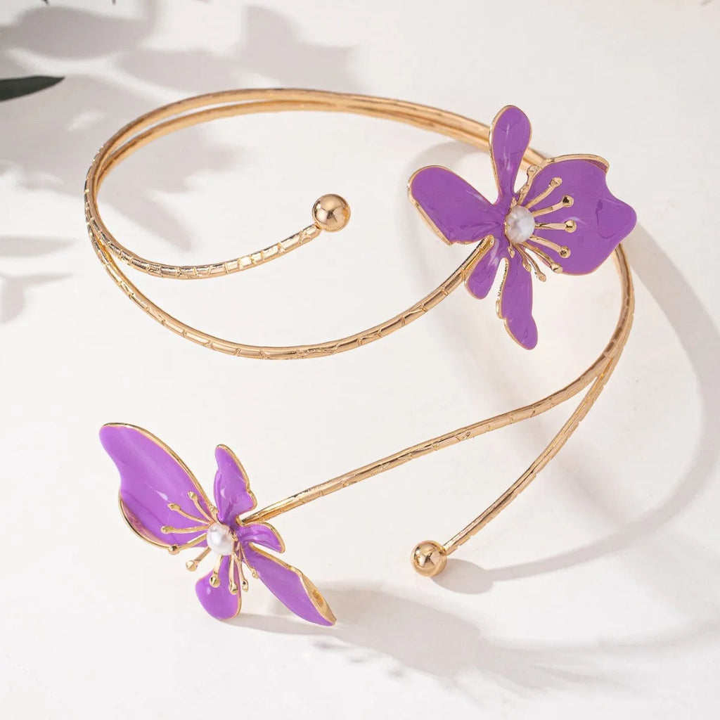 Adjustable hollow pattern alloy armband bracelet in pink or purple colour options