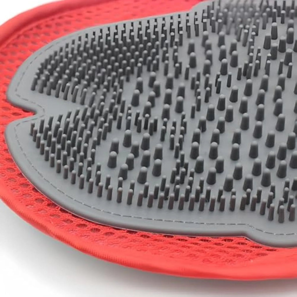 Red pet bathing glove with integrated brush design for hair removal during pet grooming