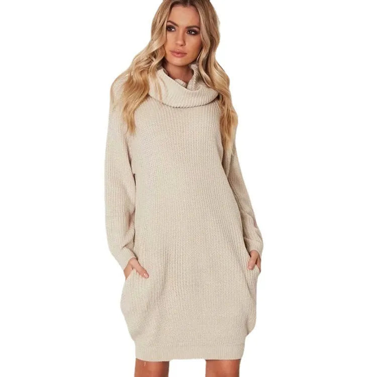 Women's apricot-coloured lapel collar loose sweater with side pockets, mid-length.