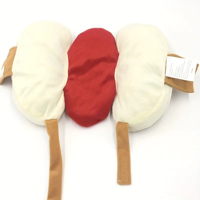 A dog wearing a plush hot dog costume with a back hook and loop closure.