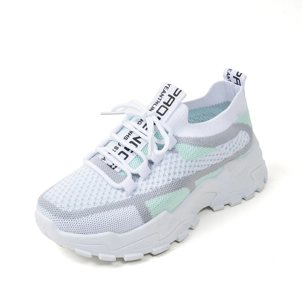 Women's Flyknit mesh lace-up sneakers in a grey colourway showing round toe and low profile.