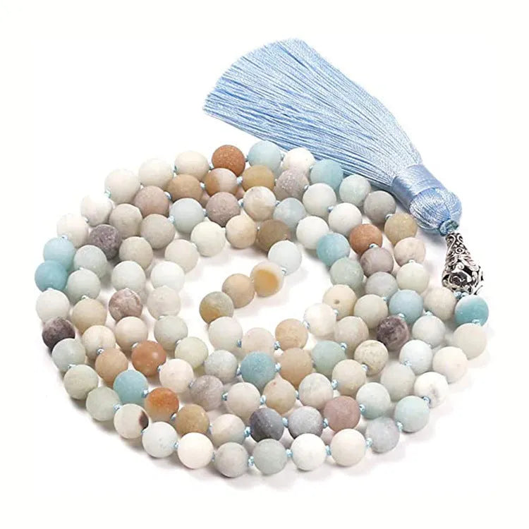 Agate geometric tassel necklace with amethyst blue pattern and multiple coloured stones at 95-100cm length