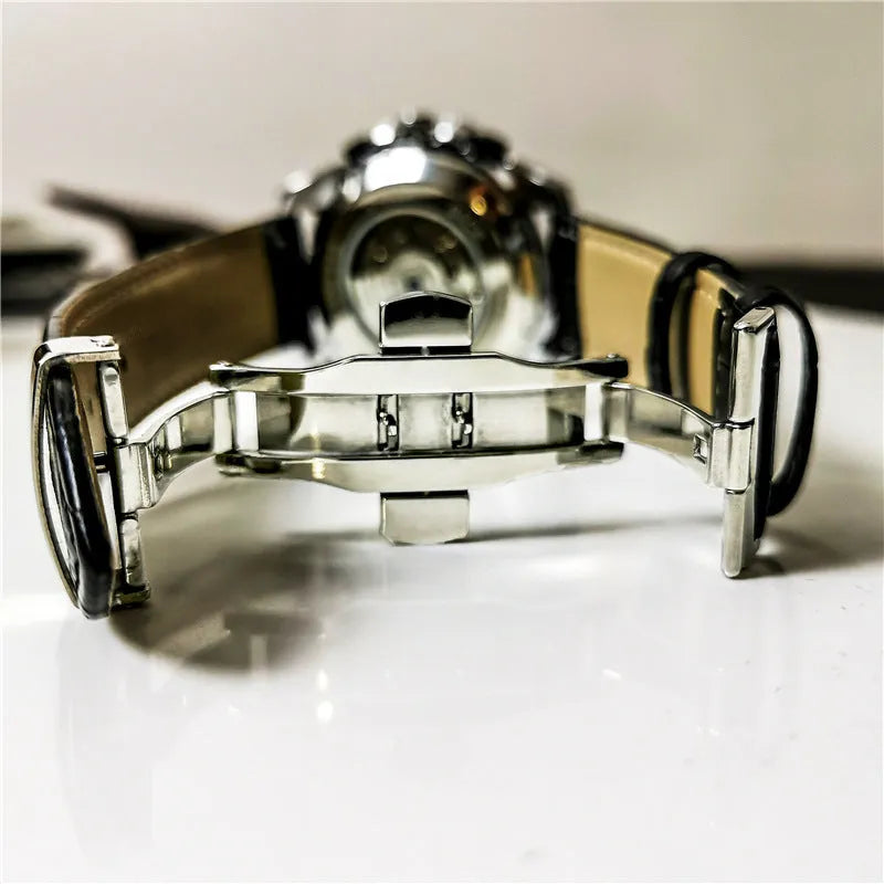 Automatic mechanical watch for men showing silver case with white dial