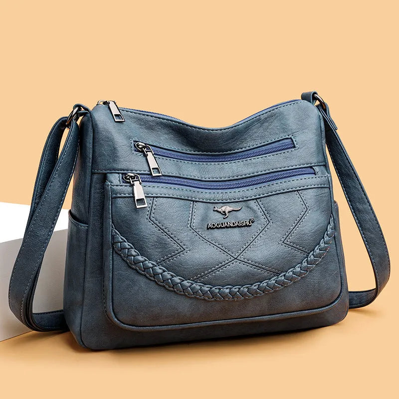 Soft leather women's crossbody shoulder bag in horizontal square shape with large capacity