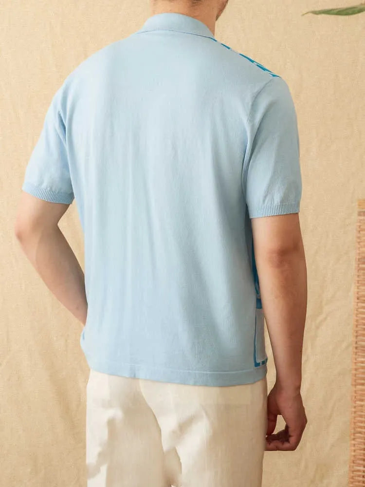 Cotton striped short-sleeved knitted cardigan polo shirt with lapel collar in light blue colour
