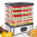 Silver household food dehydrator with eight stainless steel drying trays and digital control panel