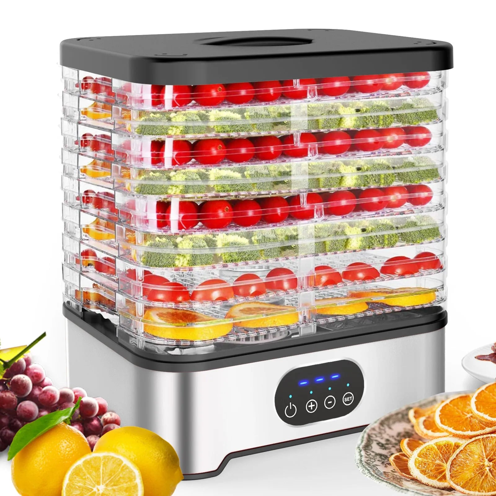 Silver household food dehydrator with eight stainless steel drying trays and digital control panel