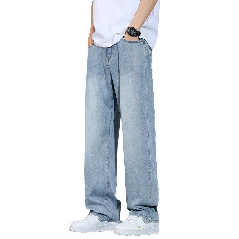 Straight-leg ice silk denim trousers in UK2560 blue with wide-leg cut and zip placket fly