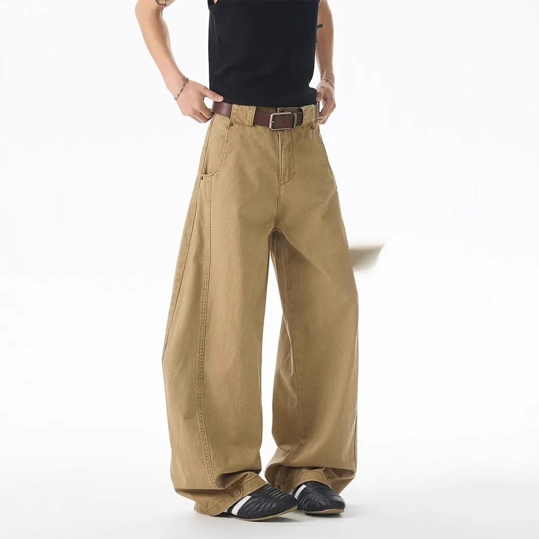 Brown men's loose fit straight leg jeans with Korean-style design and cardigan button fly