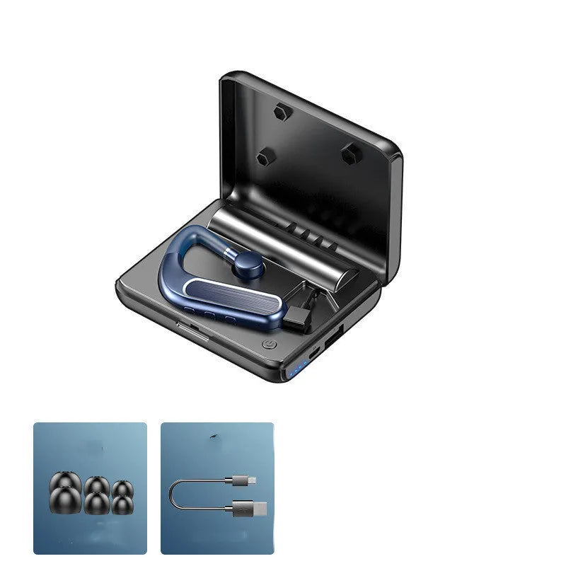 Black Bluetooth earphones with hanging ear design shown with three pairs of ear caps and charging cable