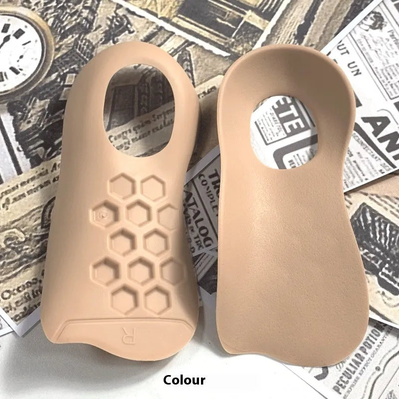 TPR varus correction arch support insoles in white, black and skin colours showing arch design