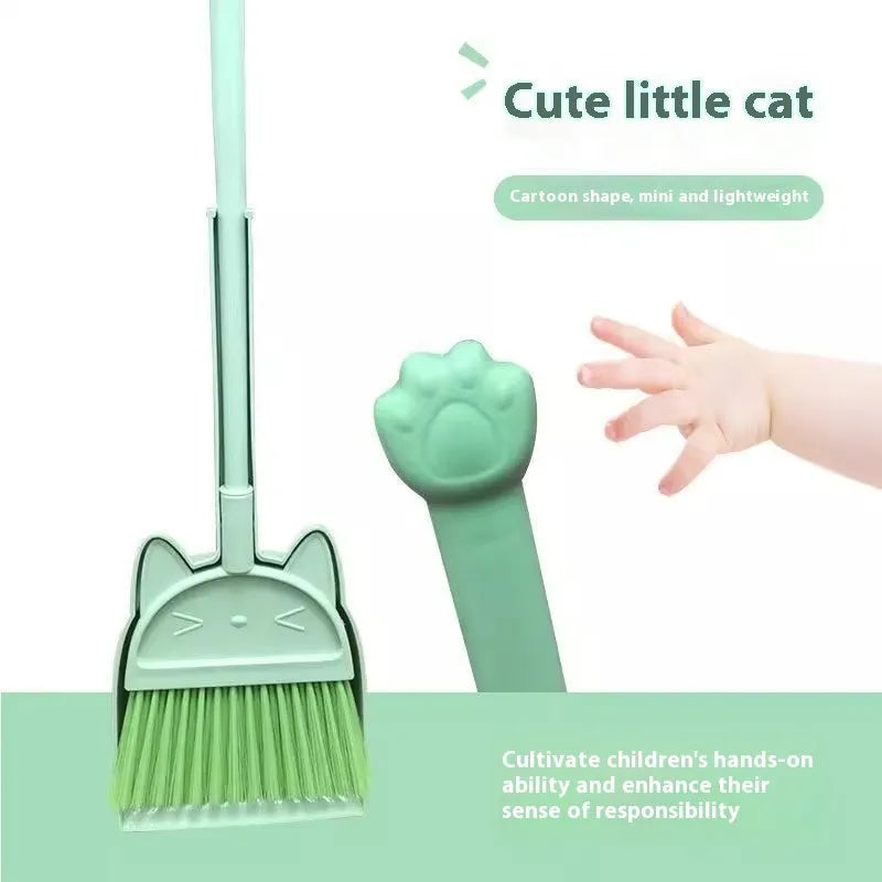 Beige plastic broom and dustpan set standing in a rotating long brush holder.