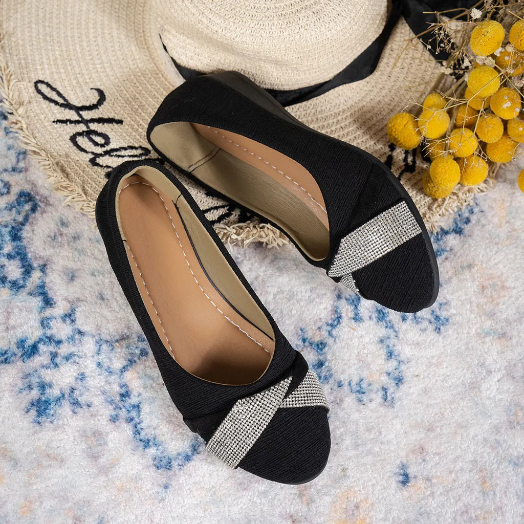 Women's black slip-on casual shoes with rhinestones and 6-8cm chunky heel