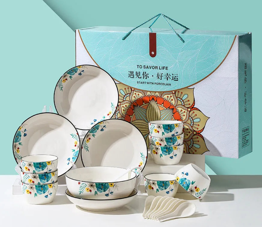 Flower In Ink bone china 22-piece tableware set with bowls, spoons, plates, large bowl, and spoon