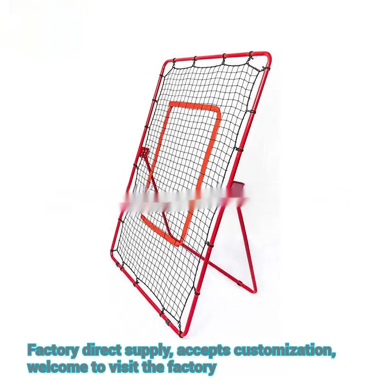 Red portable baseball training net with adjustable metal frame shown at 4x6 foot size