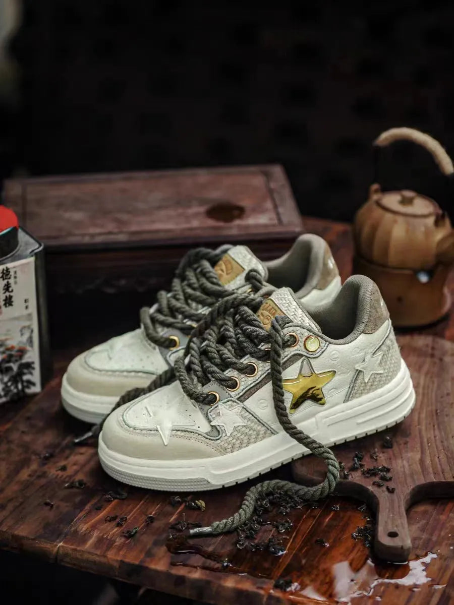 Cowhide leather unisex platform running shoes in West Lake dragon well tea colour with lace-up front.
