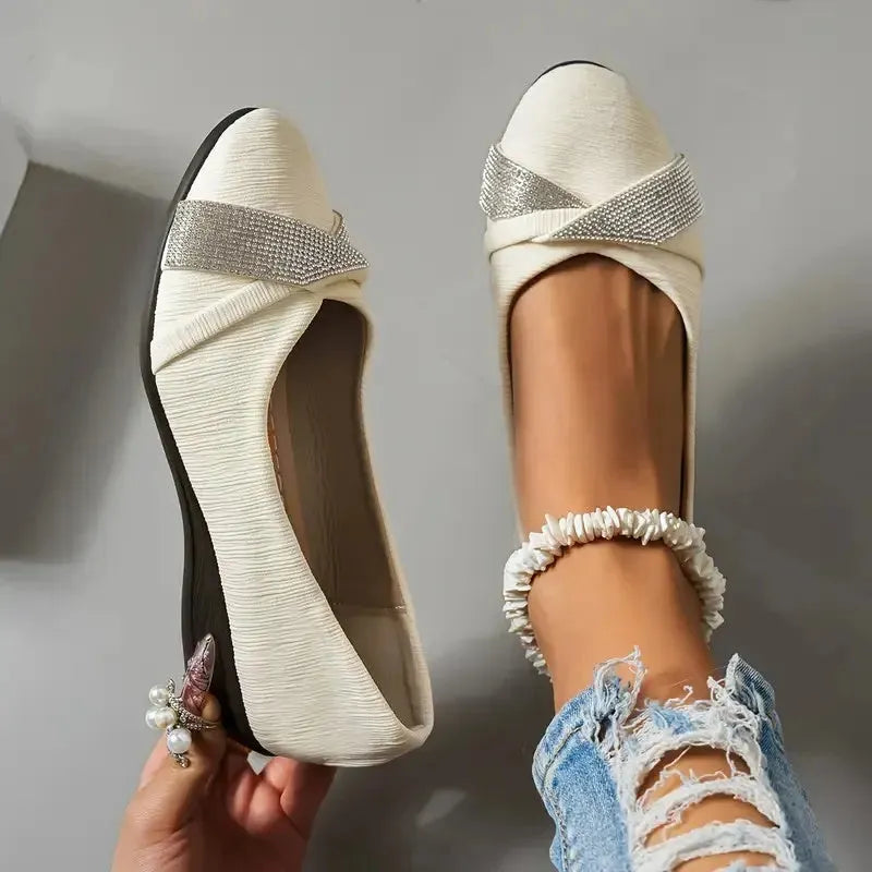 Women's black slip-on casual shoes with rhinestones and 6-8cm chunky heel