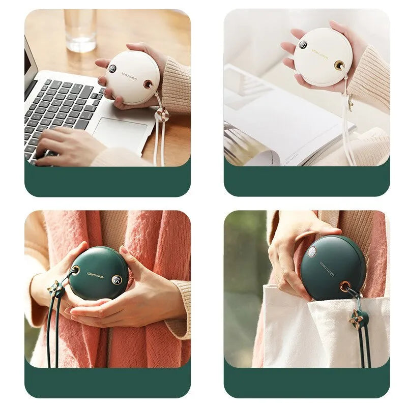 Green hand warmer power bank with digital display showing battery percentage, USB Type-C cable included