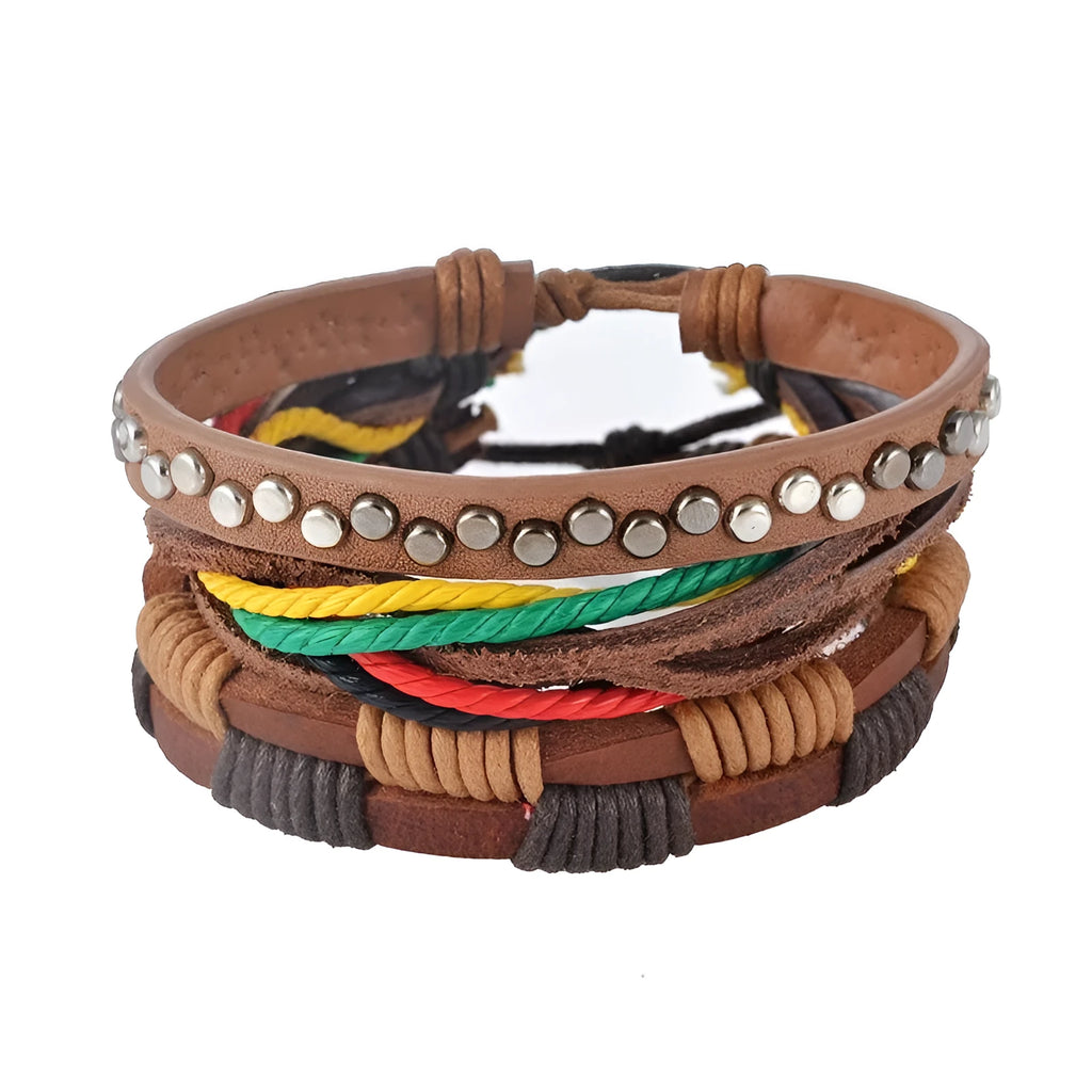 Adjustable punk-style leather bracelet with multilayer wooden beads and hand-woven design