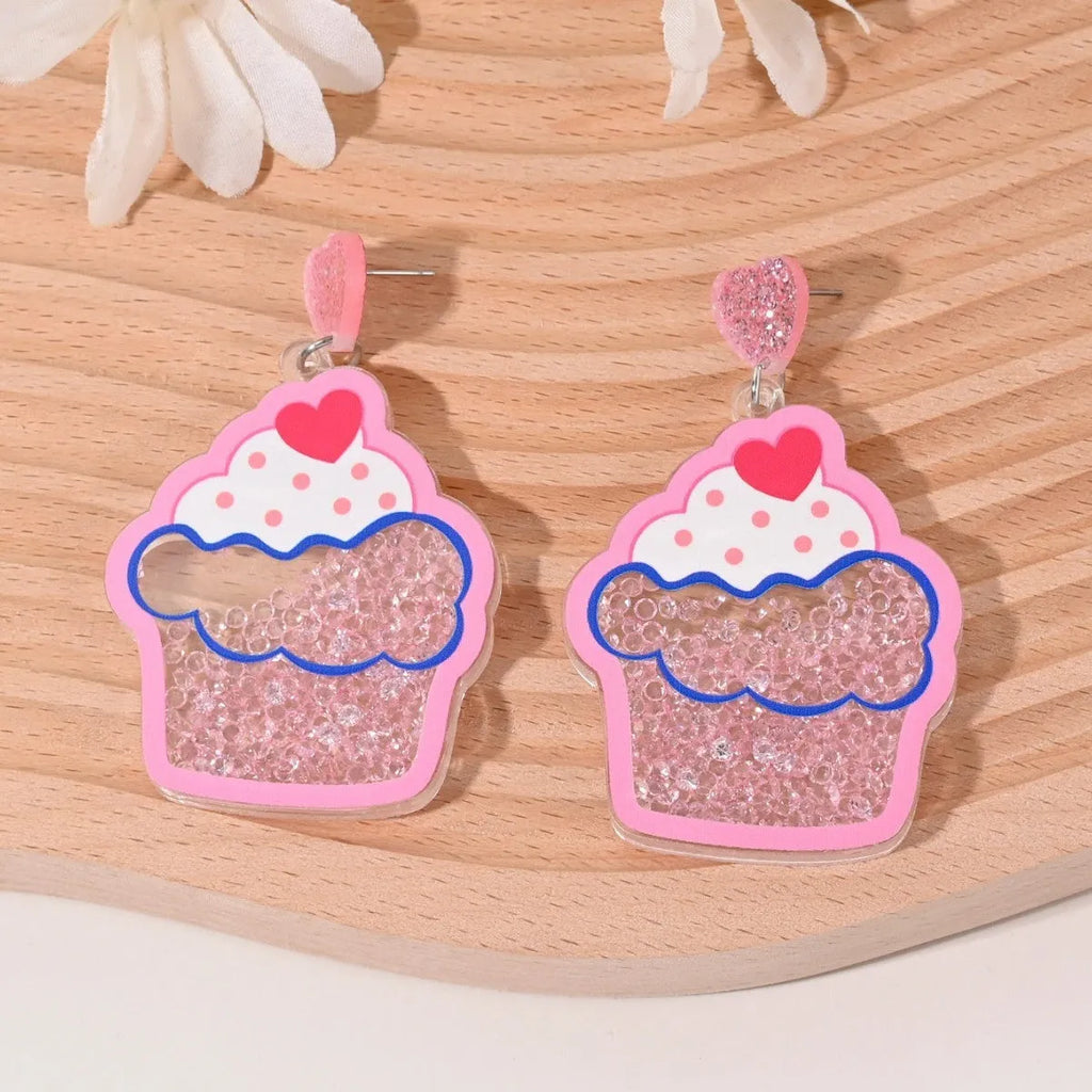 Colourful acrylic earrings with cherry, strawberry, watermelon, pineapple, coconut tree, cake, and ice cream designs for women.