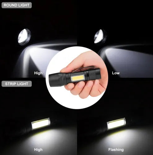 Small black aluminium alloy LED flashlight with telescopic zoom head and pocket clip.