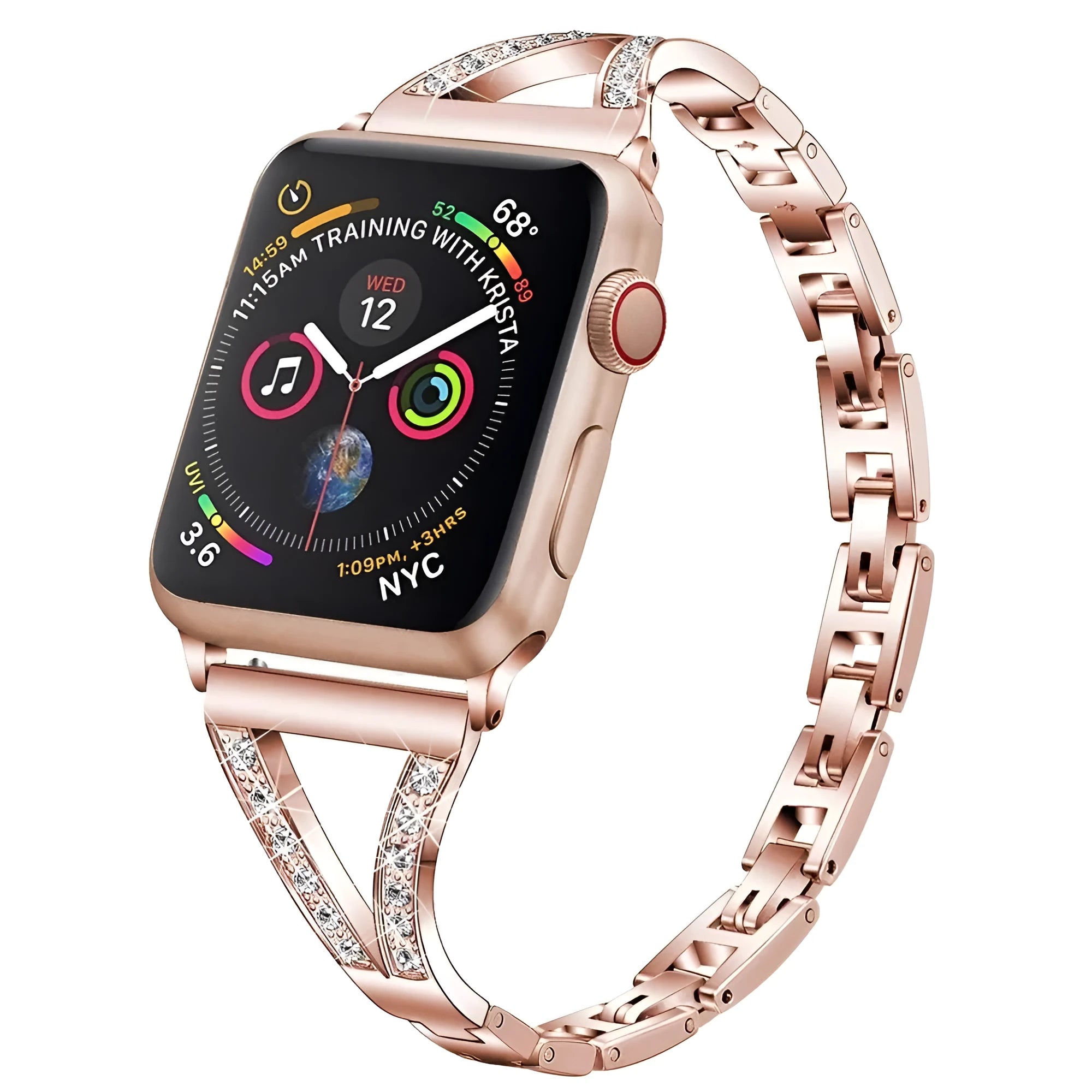Stainless steel smartwatch strap with diamond studs in rose gold colour for Apple Watch.