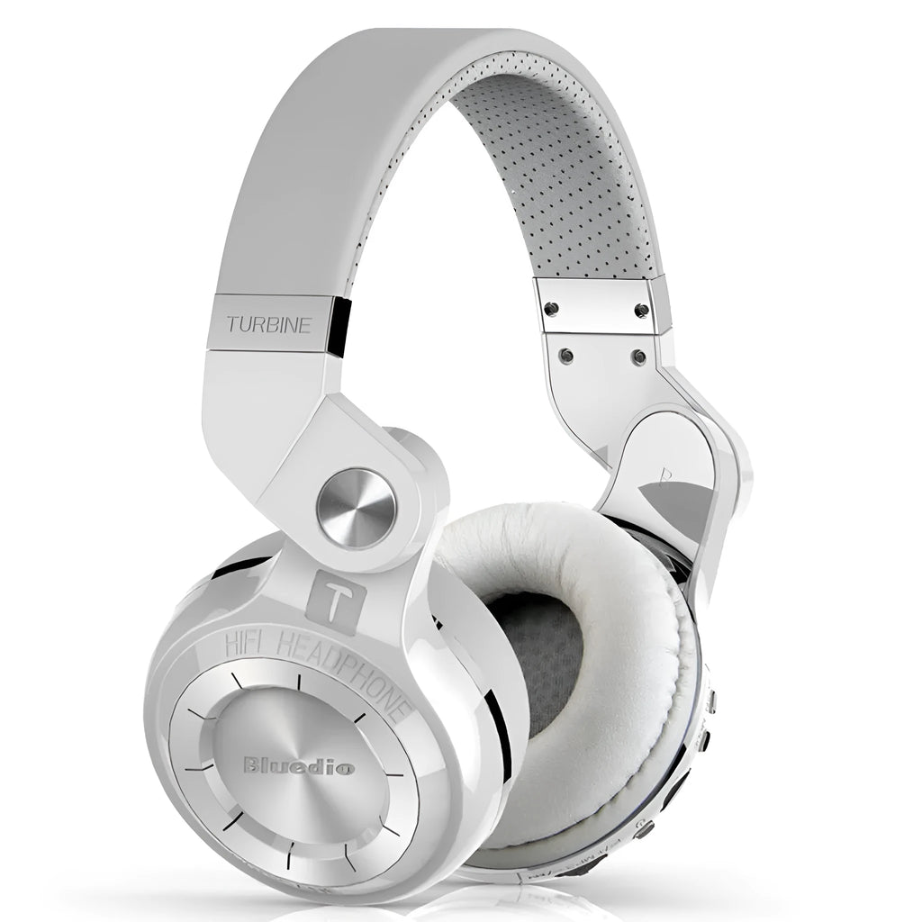 Wireless over-ear Bluetooth headset with card plug-in, shown in available colours: white, red, blue, black.