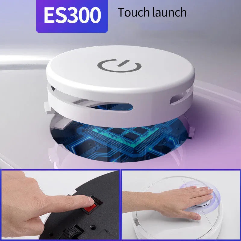 Automatic sweeping robot with a white ABS plastic housing on a wooden floor.