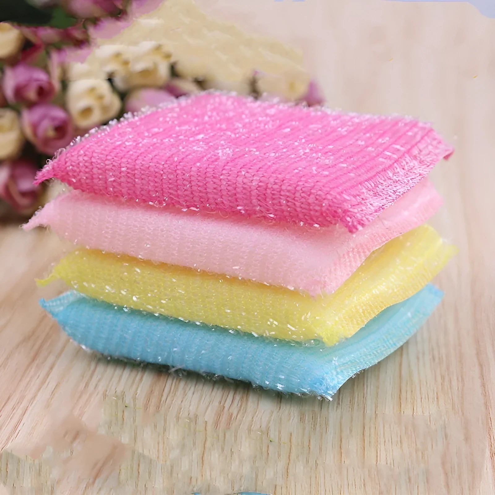 Macaron coloured pinstripe fabric dishwashing sponge mop with fine stripe scrubbing pattern