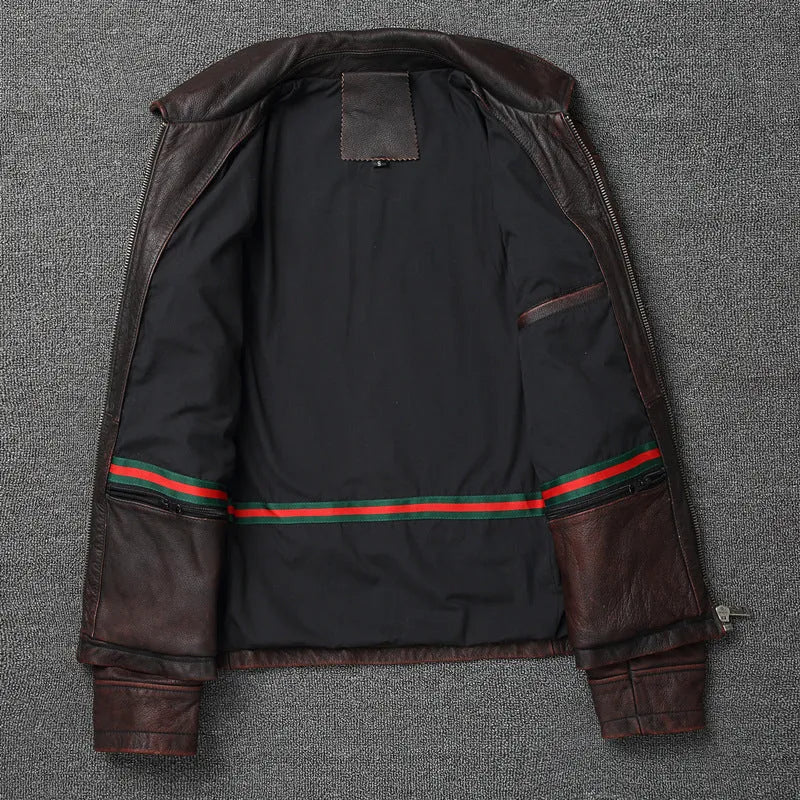 Men's short motorcycle coat in reddish brown genuine cowhide leather with stonewashed distressed finish