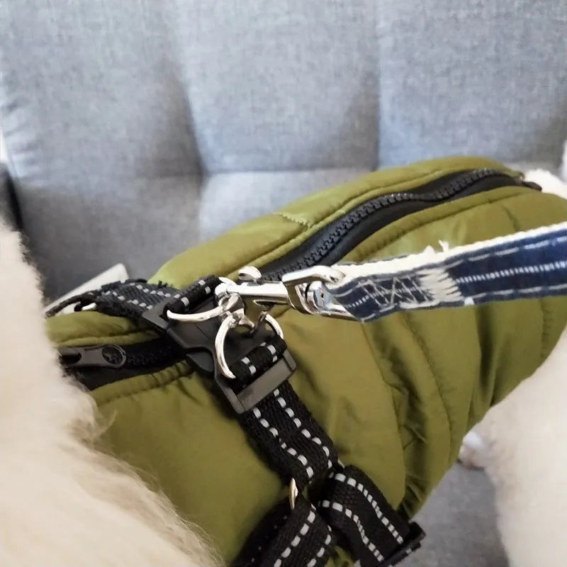 Waterproof dog winter coat with harness opening in rain silk fabric